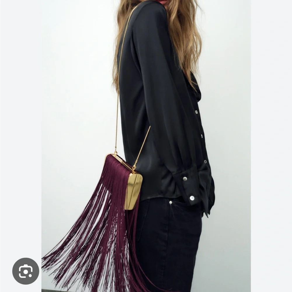 Zara NWT fringe clutch gold burgundy bag 6635/410 - Picture 1 of 8